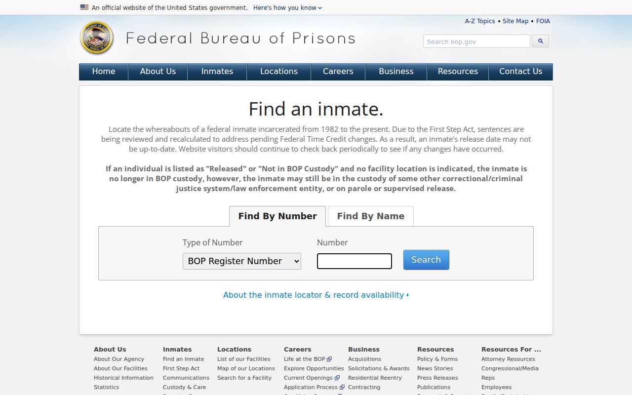Federal Bureau of Prisons official inmate locator search form