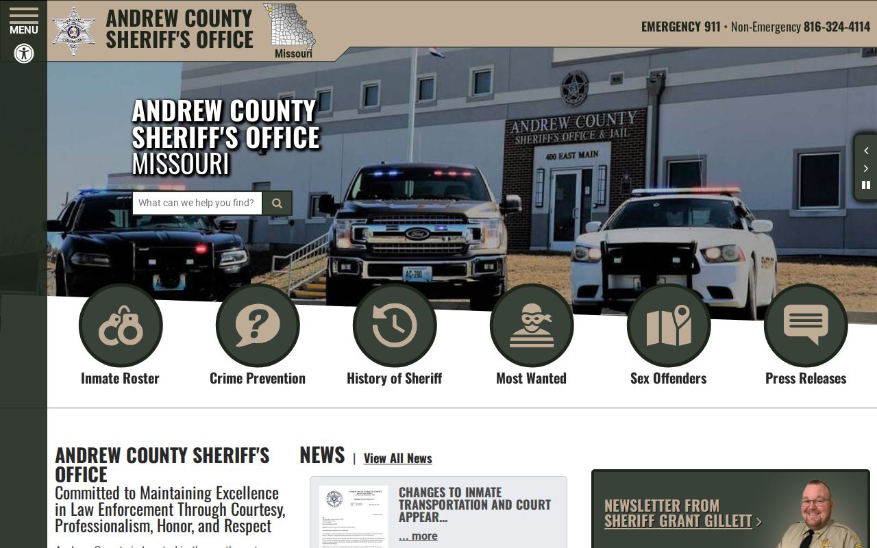 Official Andrew County Sheriff website with public records navigation