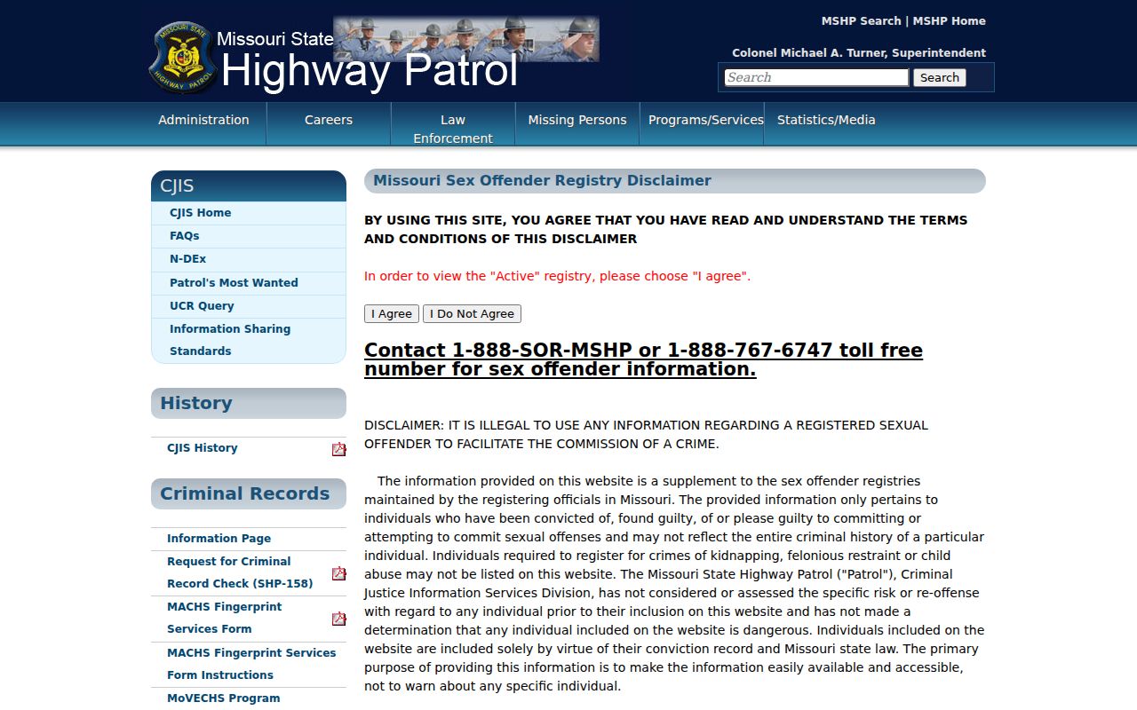 Missouri Sex Offender Registry official disclaimer and search entrance